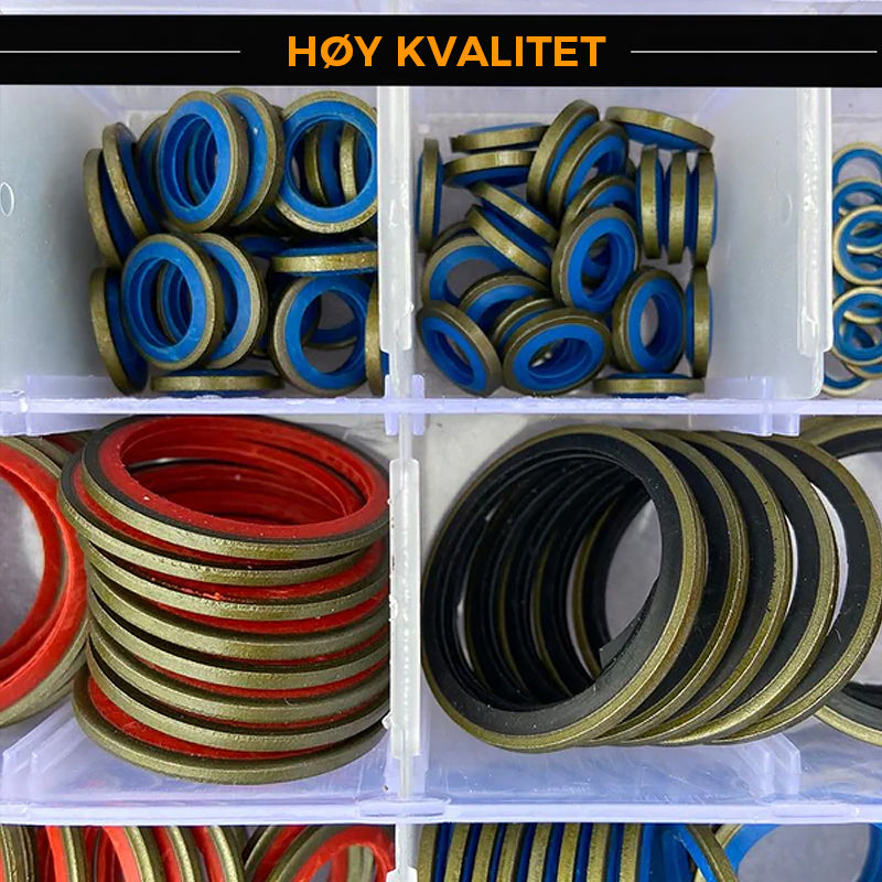 "Assortert tetningspakningssett i plastboks, ulike størrelser (6-30mm). Ideal for hjem og biler, hindrer lekkasjer effektivt.
