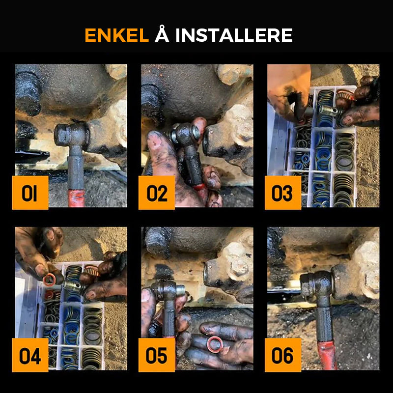 "Assortert tetningspakningssett i plastboks, ulike størrelser (6-30mm). Ideal for hjem og biler, hindrer lekkasjer effektivt.