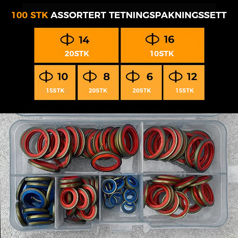 "Assortert tetningspakningssett i plastboks, ulike størrelser (6-30mm). Ideal for hjem og biler, hindrer lekkasjer effektivt.
