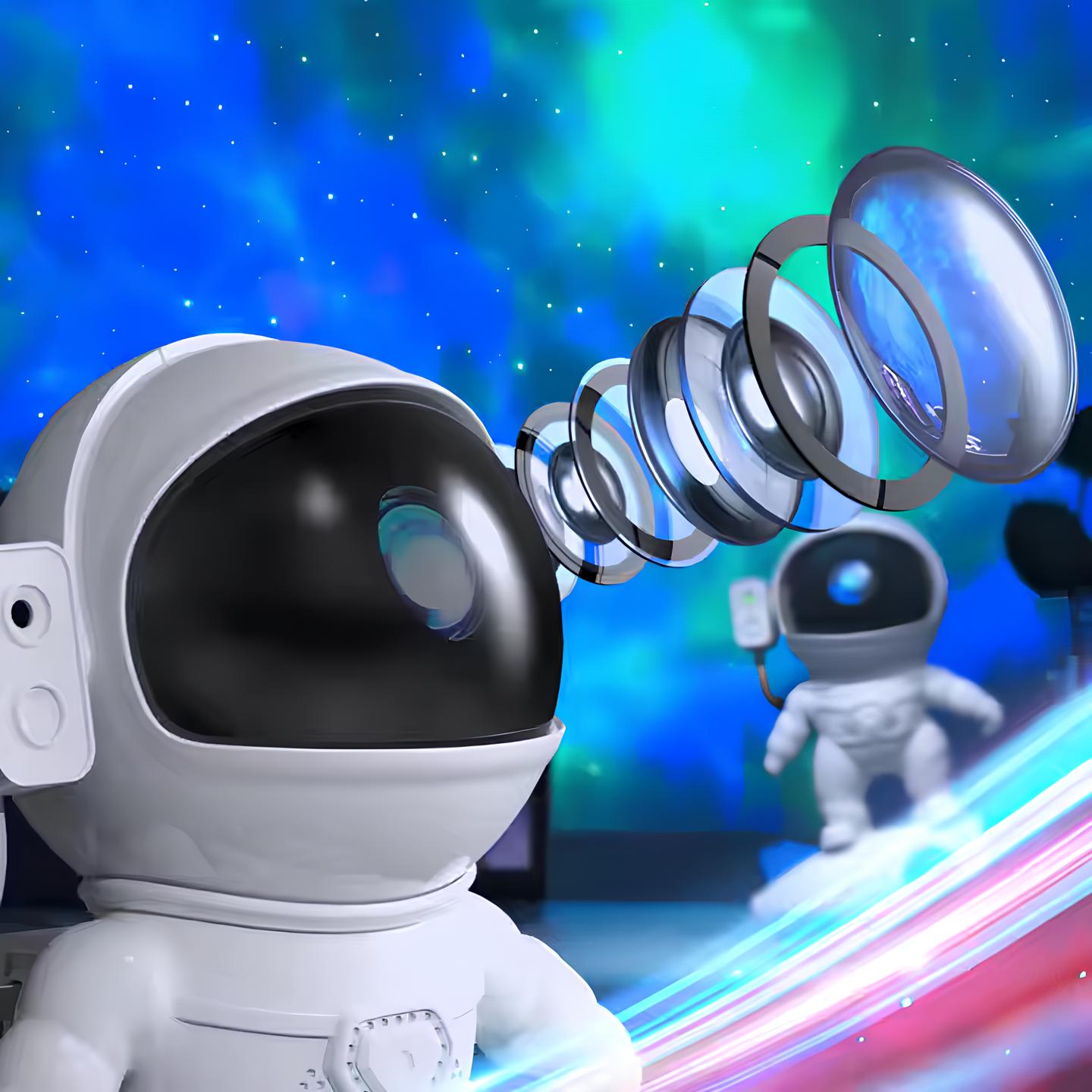 Flerfarget galakseprojektor fra AstroGlow astronautlampe som lyser opp rommet dynamisk.