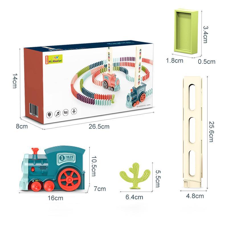 Automatisert domino tog byggesett for barn, fargerik tog med dominoer på spor, stimulerer kreativitet og STEM-utvikling.