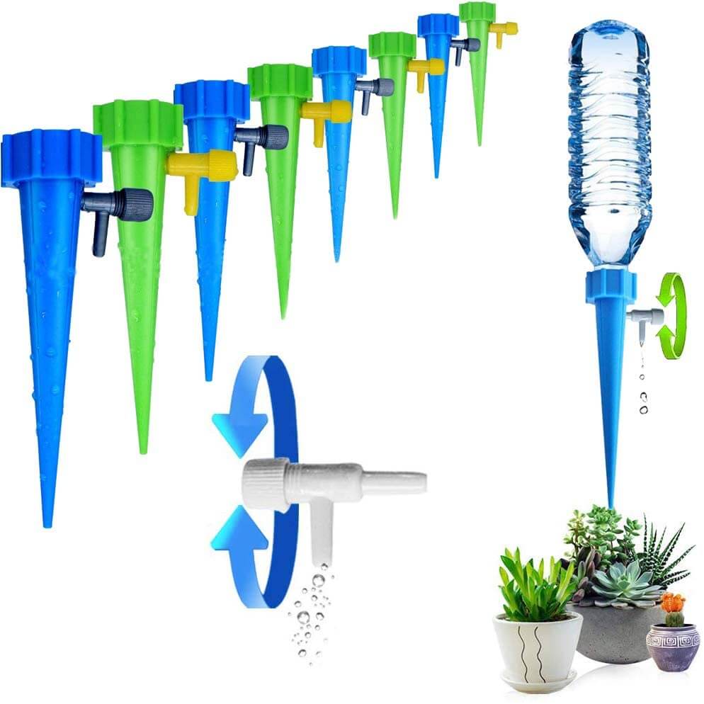"Automatisk dryppvanning for planter, med justerbar ventil, enkel installasjon og passer vanlige plastflasker."