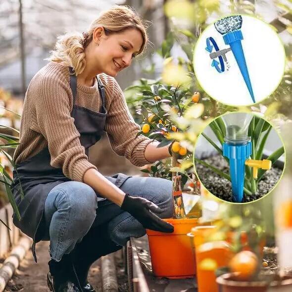 "Automatisk dryppvanning for planter, med justerbar ventil, enkel installasjon og passer vanlige plastflasker."