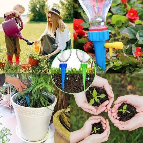 "Automatisk dryppvanning for planter, med justerbar ventil, enkel installasjon og passer vanlige plastflasker."