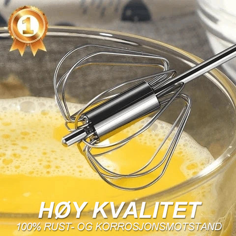 "Automatisk eggvisp i rustfritt stål, viser effektiv håndbruk; ideell til kjøkkenoppgaver som kakedeig og sauser."