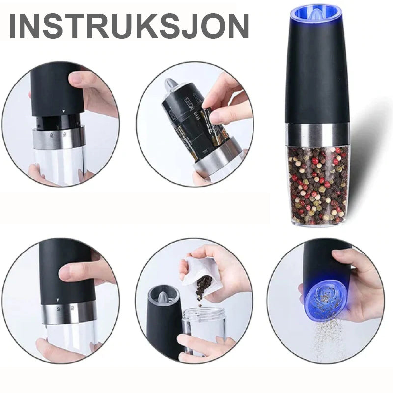 "Automatisk elektrisk salt- og pepperkvern, slank design, rustfritt stål og keramisk blad for enkelt krydderbruk."