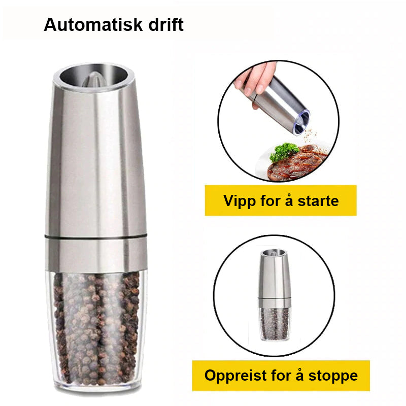 "Automatisk elektrisk salt- og pepperkvern, slank design, rustfritt stål og keramisk blad for enkelt krydderbruk."