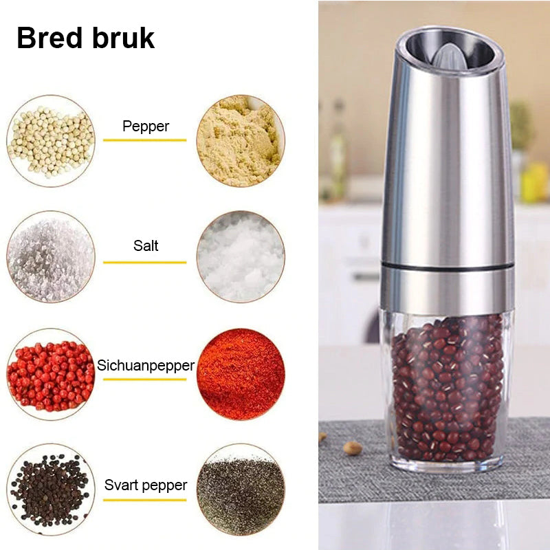 "Automatisk elektrisk salt- og pepperkvern, slank design, rustfritt stål og keramisk blad for enkelt krydderbruk."