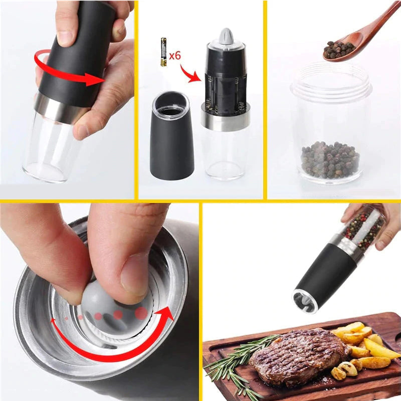 "Automatisk elektrisk salt- og pepperkvern, slank design, rustfritt stål og keramisk blad for enkelt krydderbruk."