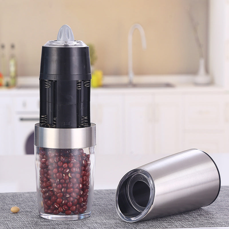"Automatisk elektrisk salt- og pepperkvern, slank design, rustfritt stål og keramisk blad for enkelt krydderbruk."