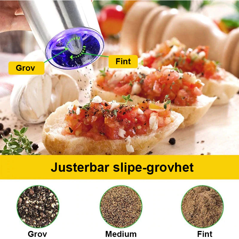 "Automatisk elektrisk salt- og pepperkvern, slank design, rustfritt stål og keramisk blad for enkelt krydderbruk."