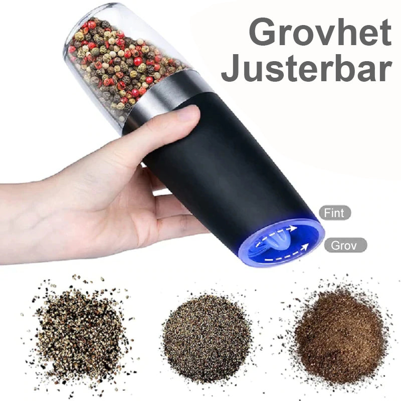 "Automatisk elektrisk salt- og pepperkvern, slank design, rustfritt stål og keramisk blad for enkelt krydderbruk."