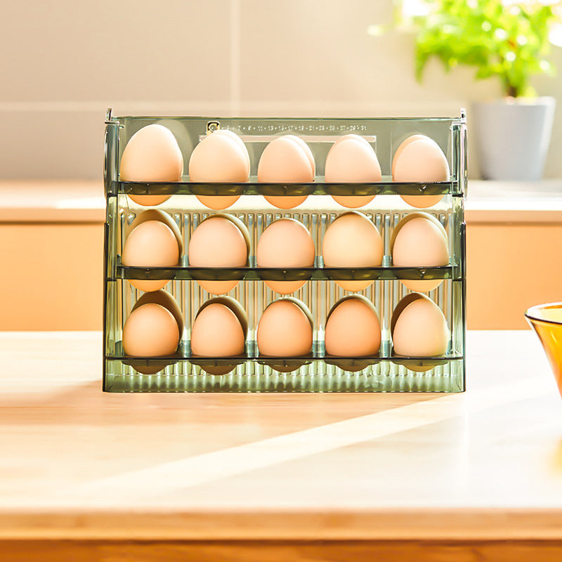 Automatisk Flip Egg Oppbevaringsboks for kjøleskap, 30 egg, grønn og transparent PET, ryddig og moderne design.