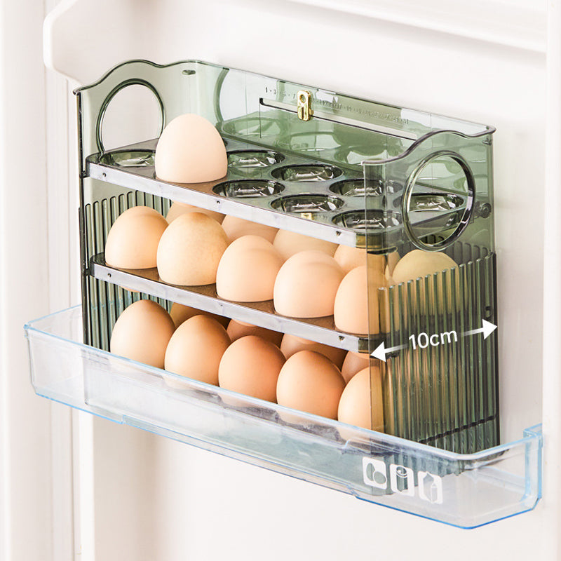 Automatisk Flip Egg Oppbevaringsboks for kjøleskap, 30 egg, grønn og transparent PET, ryddig og moderne design.