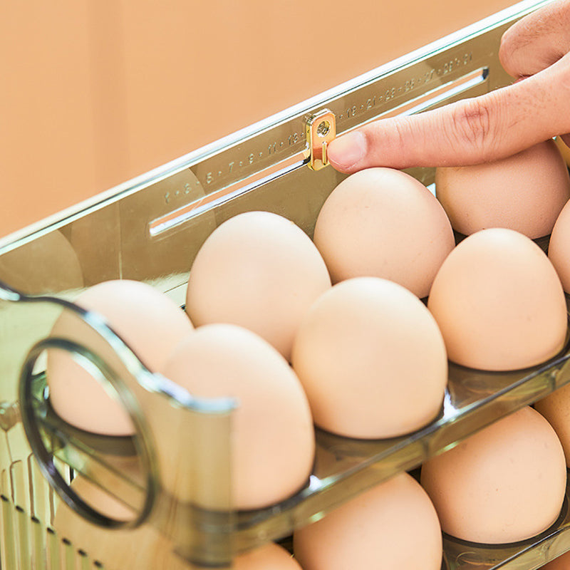 Automatisk Flip Egg Oppbevaringsboks for kjøleskap, 30 egg, grønn og transparent PET, ryddig og moderne design.