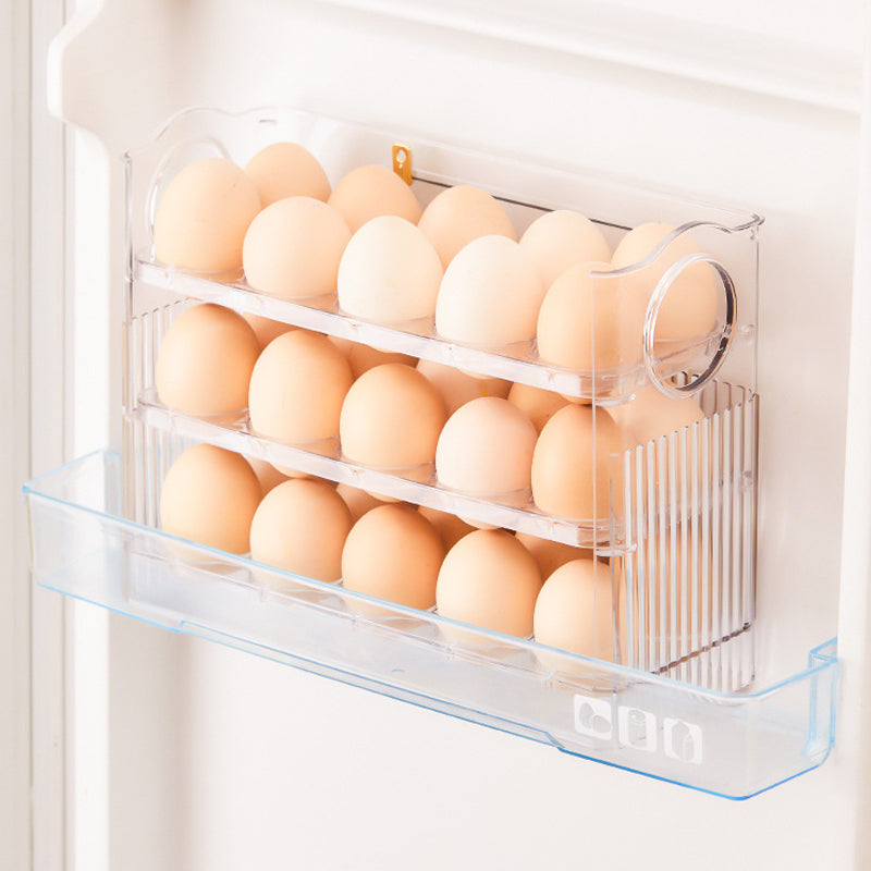 Automatisk Flip Egg Oppbevaringsboks for kjøleskap, 30 egg, grønn og transparent PET, ryddig og moderne design.