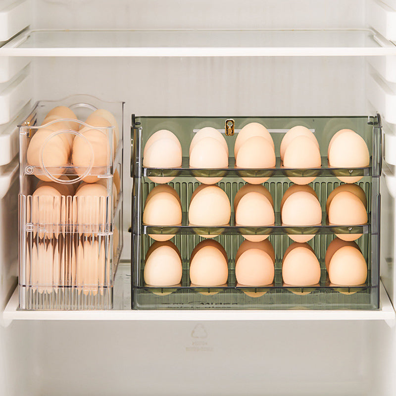 Automatisk Flip Egg Oppbevaringsboks for kjøleskap, 30 egg, grønn og transparent PET, ryddig og moderne design.