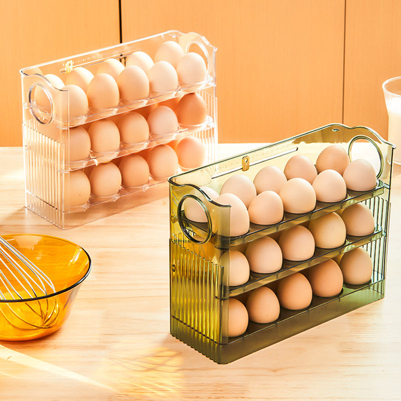 Automatisk Flip Egg Oppbevaringsboks for kjøleskap, 30 egg, grønn og transparent PET, ryddig og moderne design.
