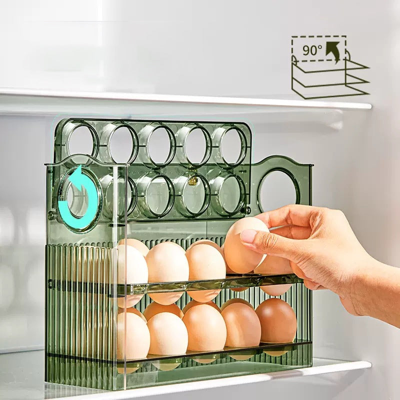 Automatisk Flip Egg Oppbevaringsboks for kjøleskap, 30 egg, grønn og transparent PET, ryddig og moderne design.