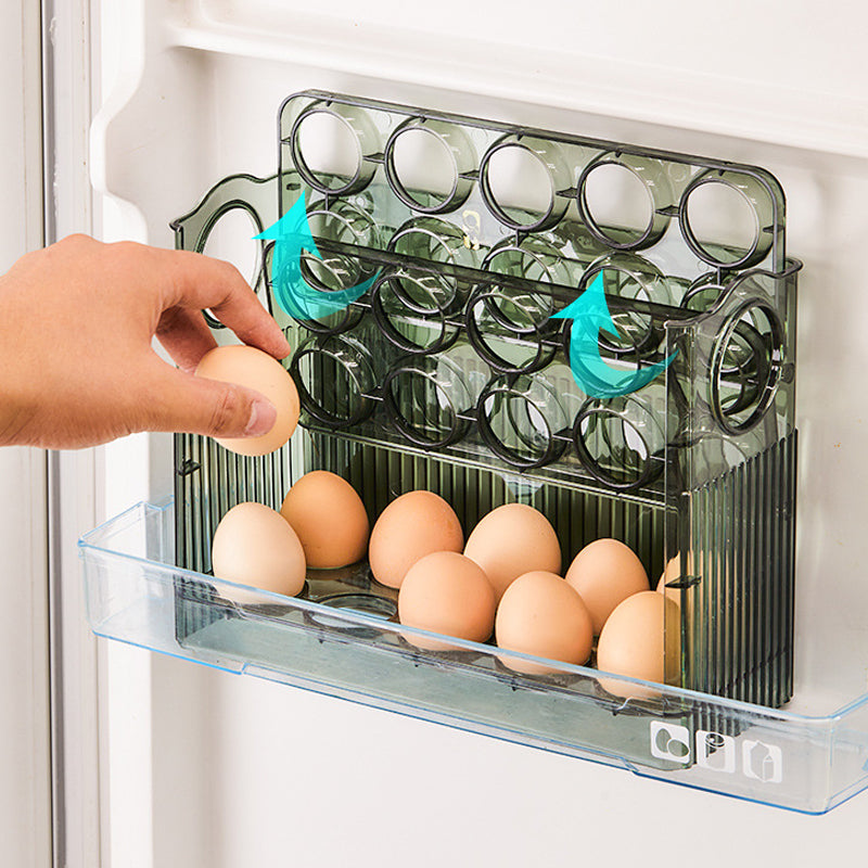 Automatisk Flip Egg Oppbevaringsboks for kjøleskap, 30 egg, grønn og transparent PET, ryddig og moderne design.