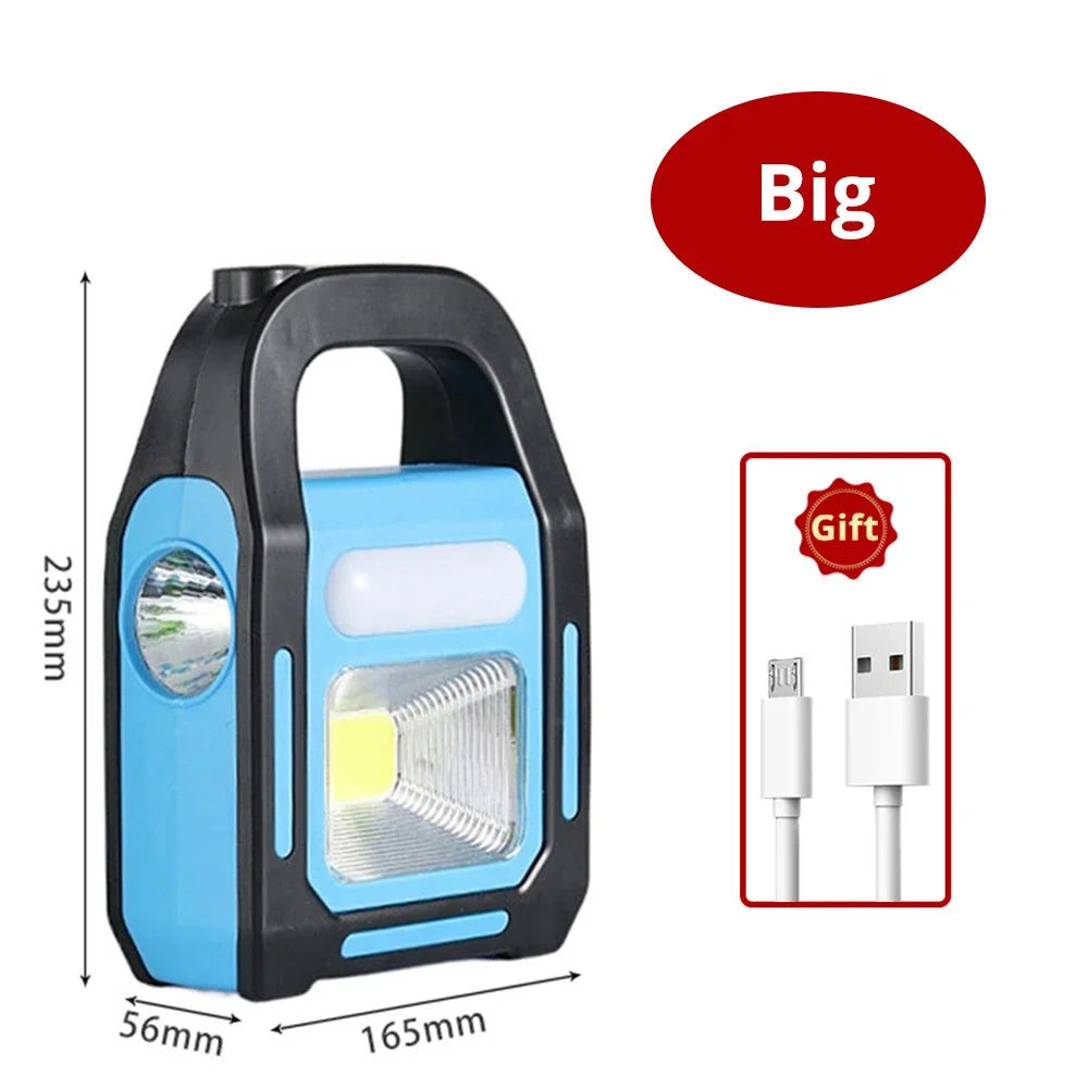 Allsidig oppladbar LED-lanterne med powerbank-funksjon og solcellepanel, et must for camping og nødlys.