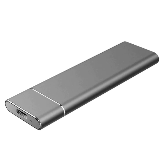 Bærbar ekstern harddisk i aluminium, høyhastighets USB-C tilkobling for rask dataoverføring, sølvfarget.