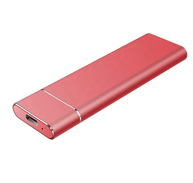 Nærbilde av bærbar ekstern harddisk i børstet aluminium, viser USB-port for høyhastighets dataoverføring.