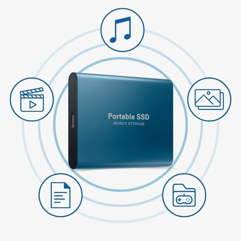 Detaljert bilde av en ekstern SSD-disk som fremhever dens tilkoblingsport for USB-C