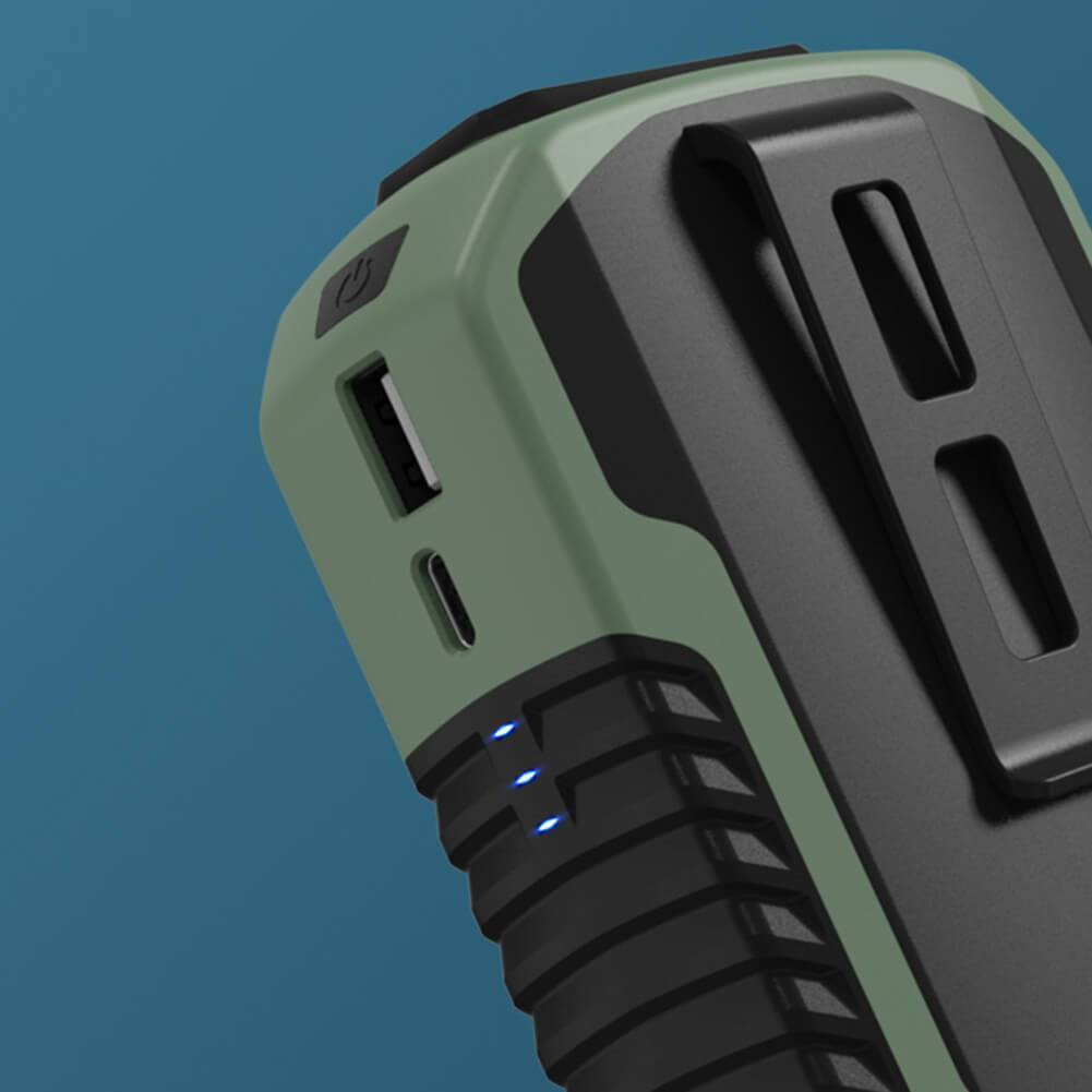 Pakken inneholder hvit bærbar klipsvifte, ladekabel og brukermanual, med powerbankfunksjon