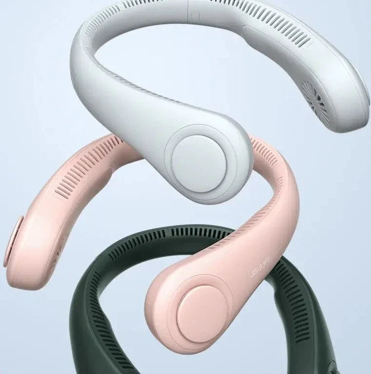 360° nakkevifte med LED-indikator for batteri, vist med ladekabel, en praktisk elektronikk-gadget.