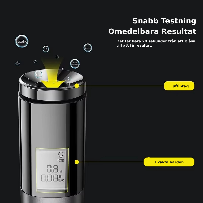 Kompakt alkoholmåler med USB-C port, ideell for reise og sikkerhet, praktisk for rask promillekontroll.