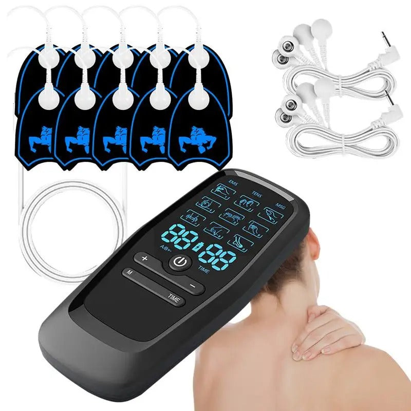 Bærbar muskelstimulator med TENS- og EMS-teknologi for effektiv smertelindring og muskelrestitusjon.