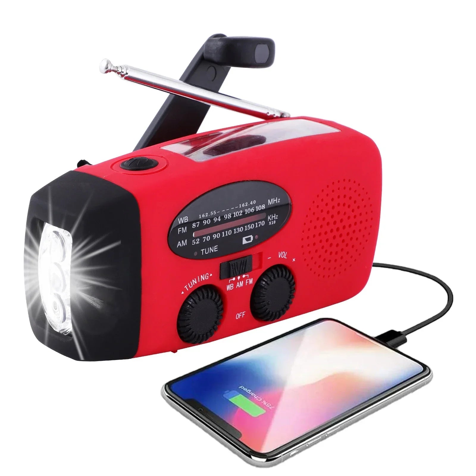 Multifunksjonell nødradio med AM/FM. Sprutsikker, med håndsveiv, solcelle, powerbank og LED-lommelykt for krisesituasjoner.