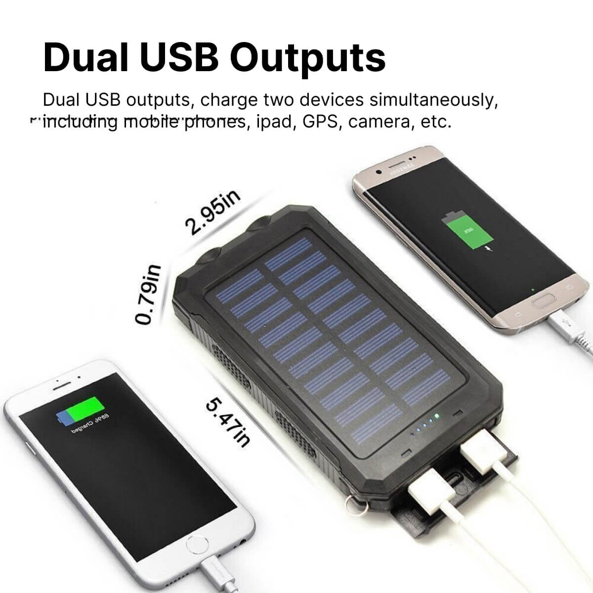 Holdbar solenergibank med solcellepanel, doble USB for lading av mobil, samt innebygd LED-lys.