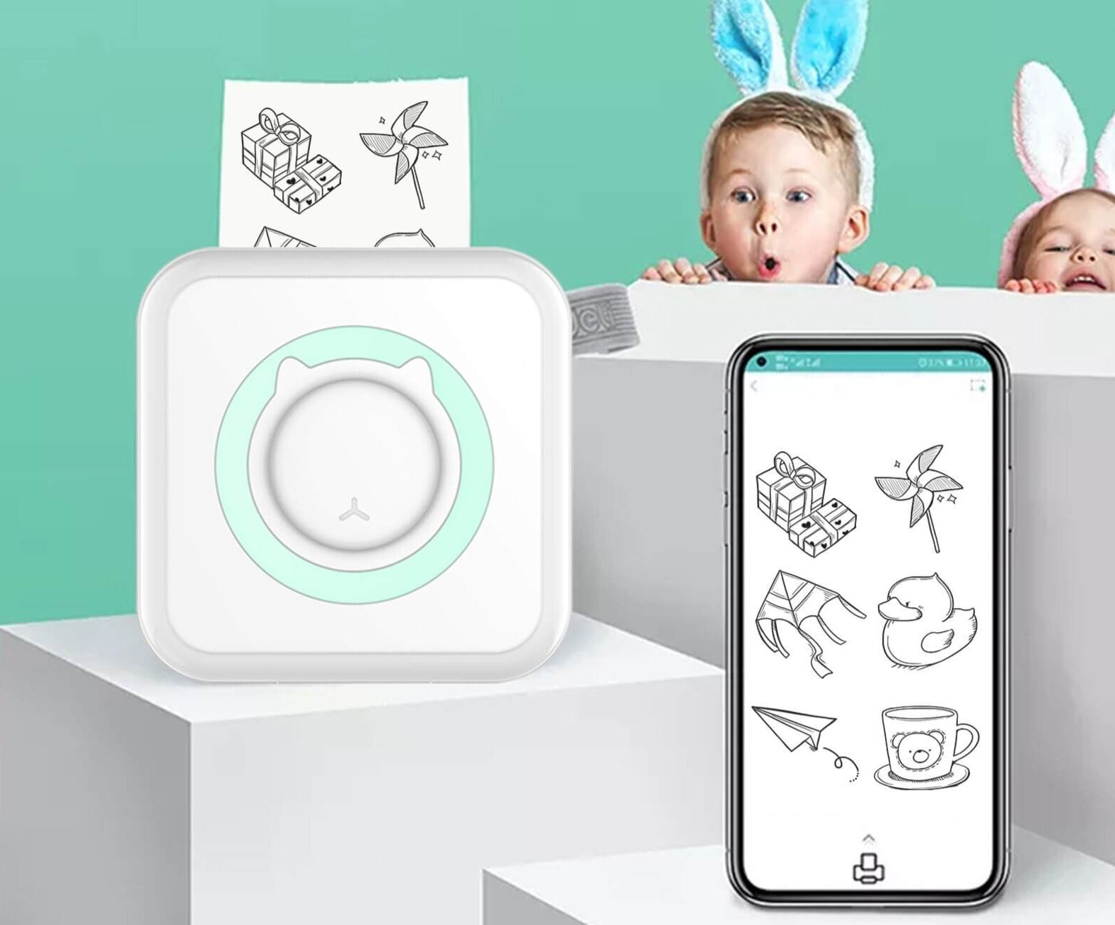 Bærbar gadget-skriver for kvikke utskrifter av meldinger og grafikk, termisk og blekkfri, Bluetooth.