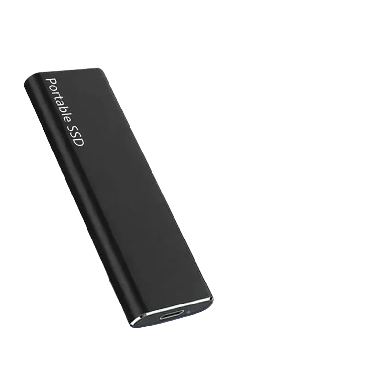 Bærbar USB-C ekstern harddisk i aluminium, rask og kompakt for datakopi og lagring. Toppvinkel.