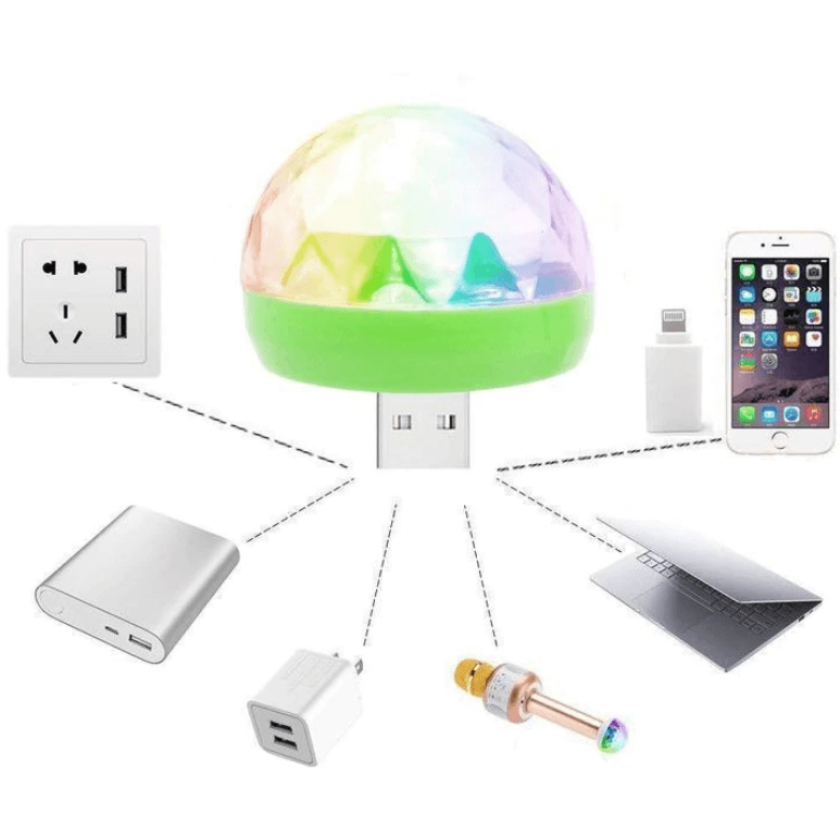Bærbar USB Discolyssopp med fargerike LED-er, perfekt for fest og stemningslys, lydaktivert.