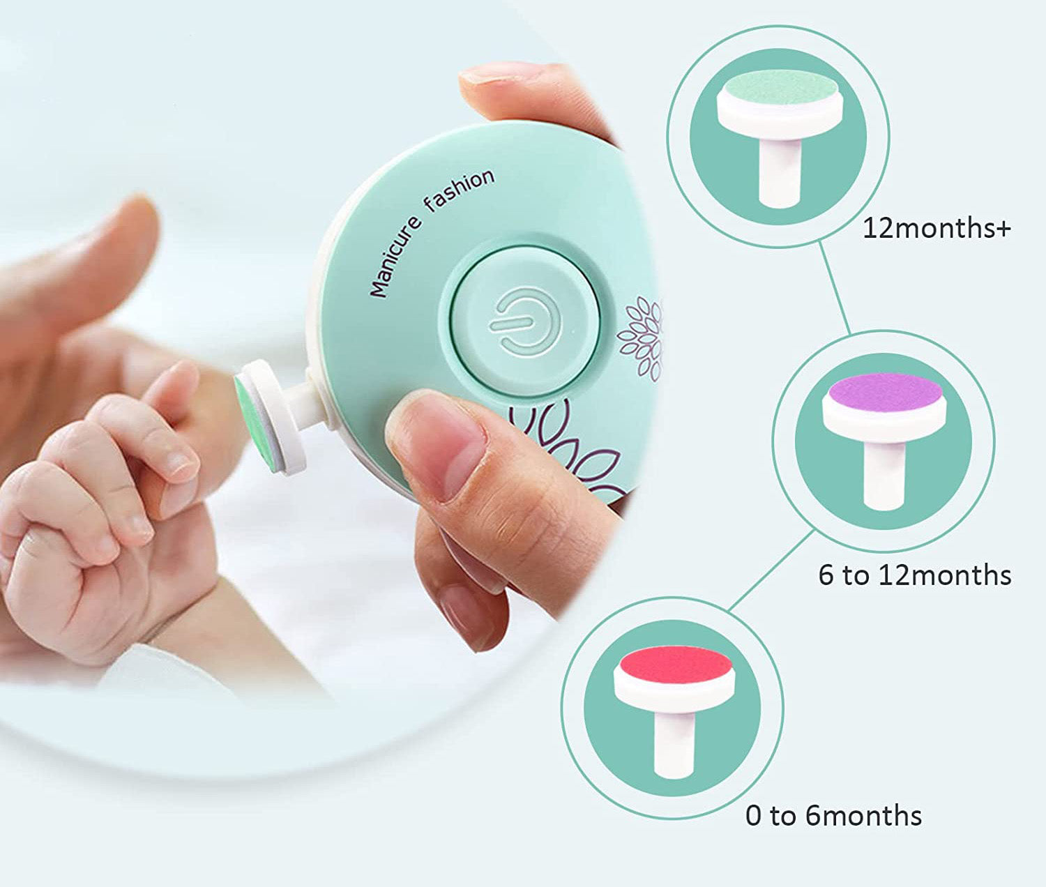 Hvit og grå elektrisk baby negletrimmer, designet for en stille og stressfri negleklipp for spedbarn.