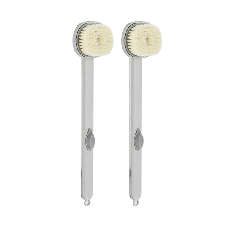 Bademassasjebørste med langt skaft, ergonomisk design og innebygd dusjgelé, ideell for eksfoliering av hele kroppen.
