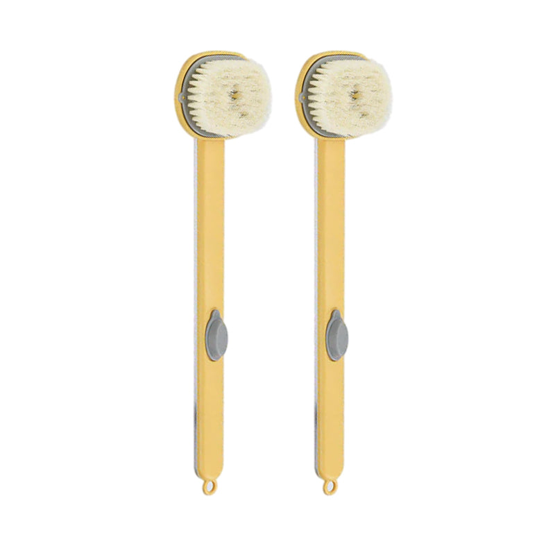 Bademassasjebørste med langt skaft, ergonomisk design og innebygd dusjgelé, ideell for eksfoliering av hele kroppen.