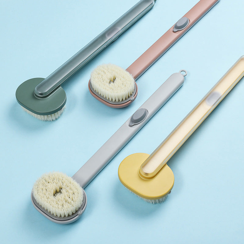 Bademassasjebørste med langt skaft, ergonomisk design og innebygd dusjgelé, ideell for eksfoliering av hele kroppen.