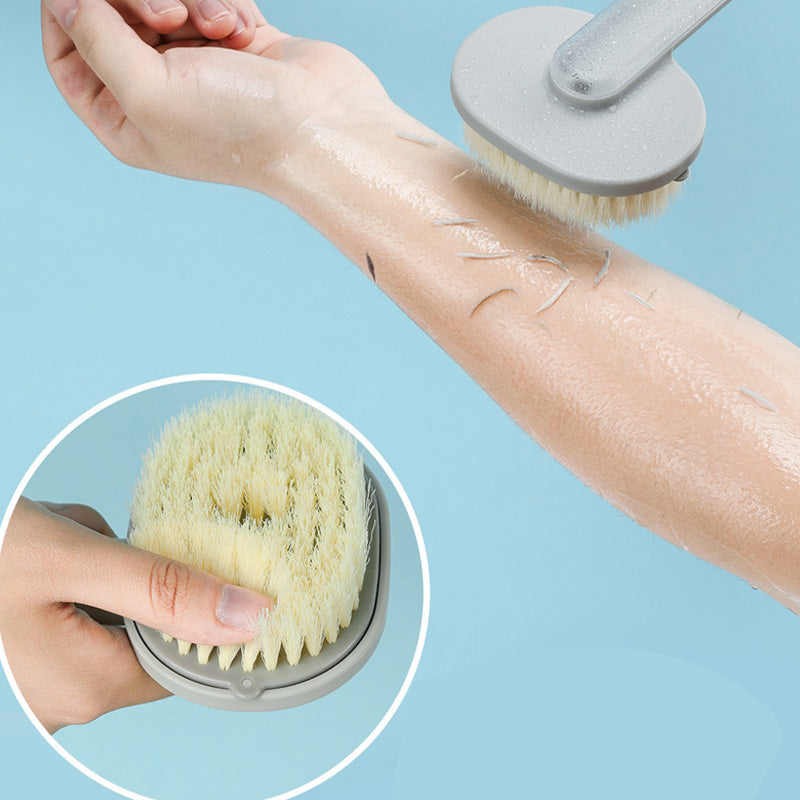 Bademassasjebørste med langt skaft, ergonomisk design og innebygd dusjgelé, ideell for eksfoliering av hele kroppen.