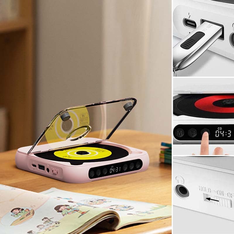 "Bærbar Bluetooth CD-spiller i kompakt design, tilgjengelig i flere farger med Hi-Fi lyd og lett transport."