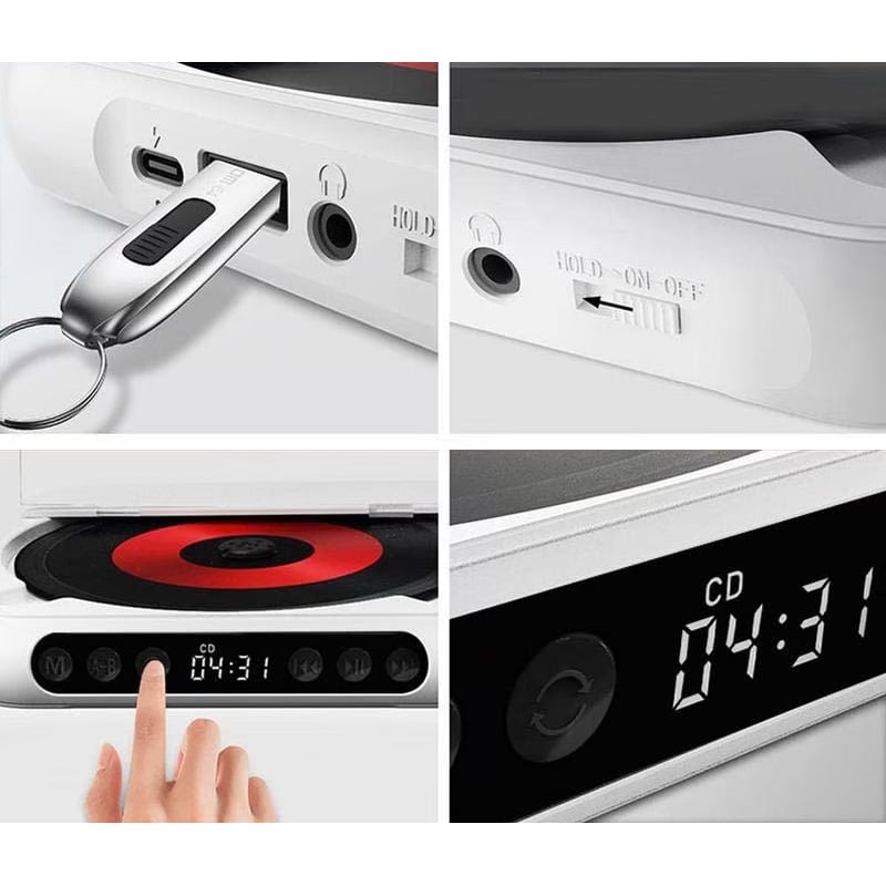 "Bærbar Bluetooth CD-spiller i kompakt design, tilgjengelig i flere farger med Hi-Fi lyd og lett transport."