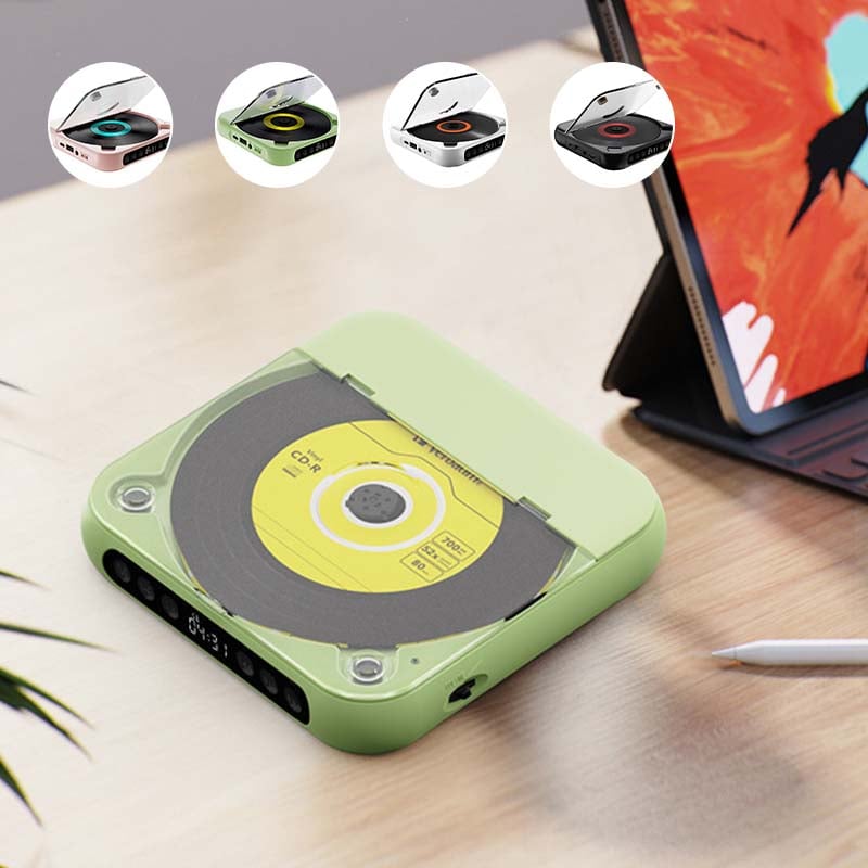 "Bærbar Bluetooth CD-spiller i kompakt design, tilgjengelig i flere farger med Hi-Fi lyd og lett transport."