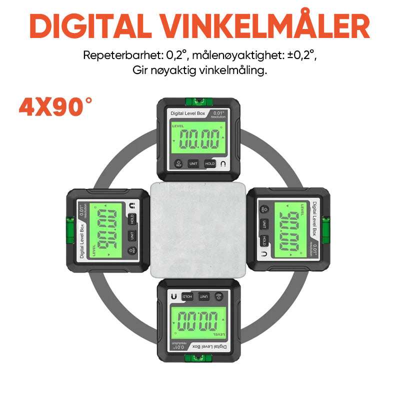 "Bærbar digital høydepresisjons vinkelmåler, LCD-skjerm, kompakt design, IP65 støv- og vannbestandig verktøy bilde."