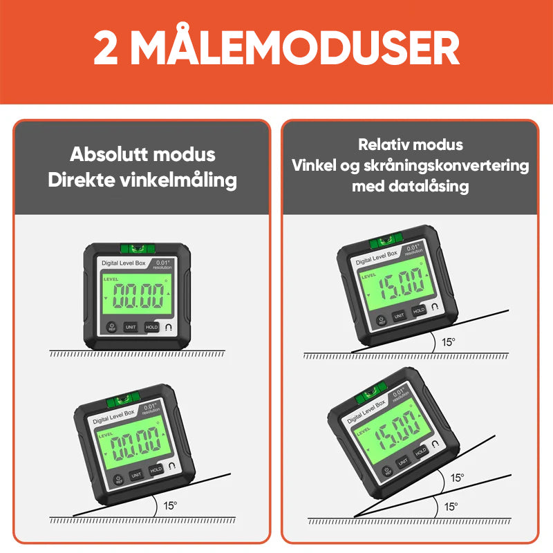 "Bærbar digital høydepresisjons vinkelmåler, LCD-skjerm, kompakt design, IP65 støv- og vannbestandig verktøy bilde."