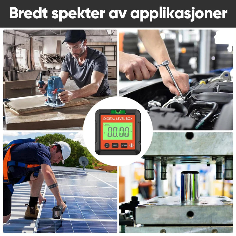 "Bærbar digital høydepresisjons vinkelmåler, LCD-skjerm, kompakt design, IP65 støv- og vannbestandig verktøy bilde."