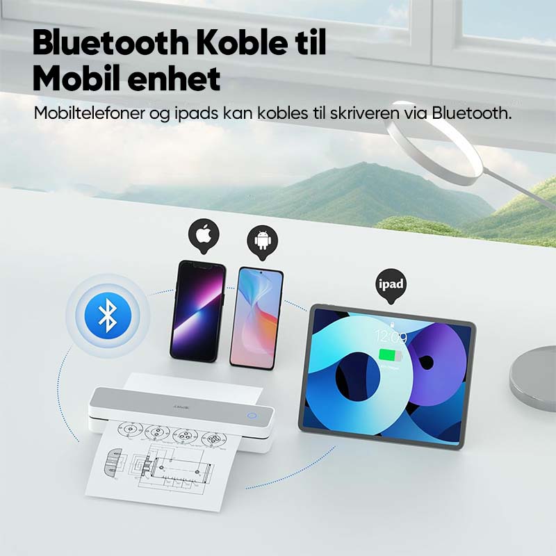 "Bærbar og kompakt termisk skriver, lettvektig, moderne design, perfekt for mobil utskrift med enkel tilkobling."