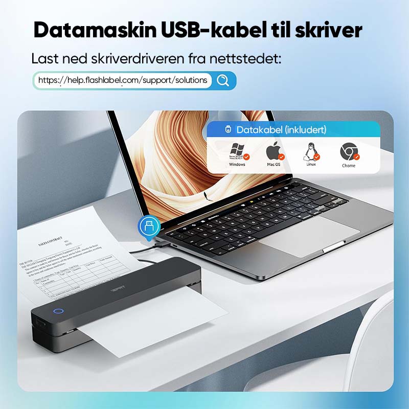 "Bærbar og kompakt termisk skriver, lettvektig, moderne design, perfekt for mobil utskrift med enkel tilkobling."